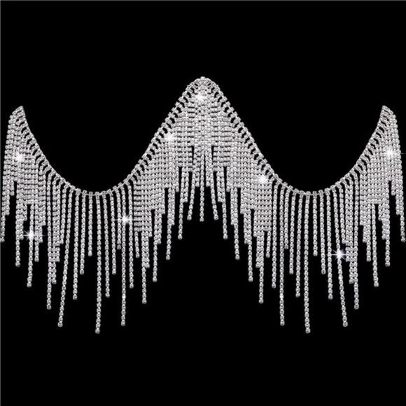 Rhinestone Fringe Belt with Beaded Fringe Trim & Rhinestone Ribbon Tassel Chain - Picture 1 of 7